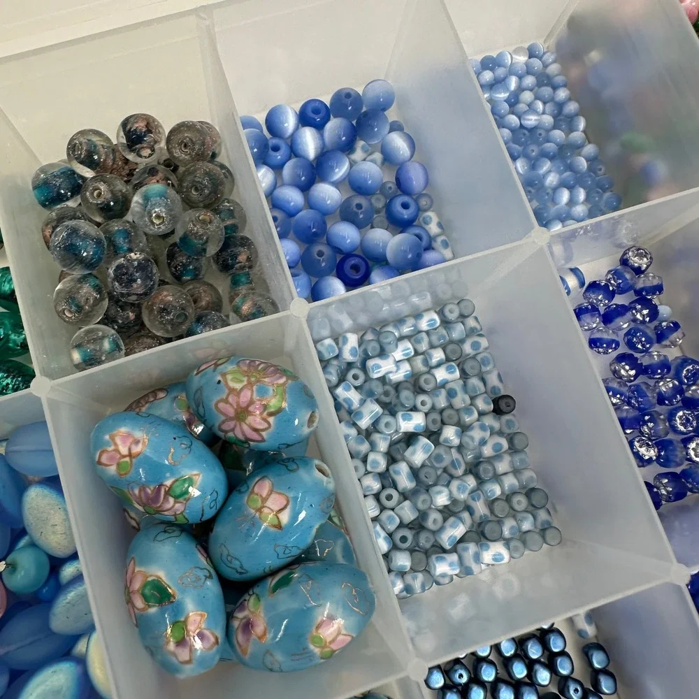 Large Blue Glass Bead Lot Jewelry Making Supplies Cloisonne Cat Eye Organizer
